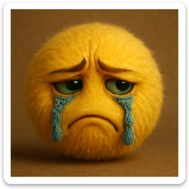 a yellow furry ball face showing sadness and envy, with fur-textured tears and realistic emotional expression sticker