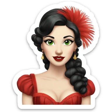 Burlesque dancer with black hair, pale skin, and green eyes in a red vintage costume holding red feather fans sticker