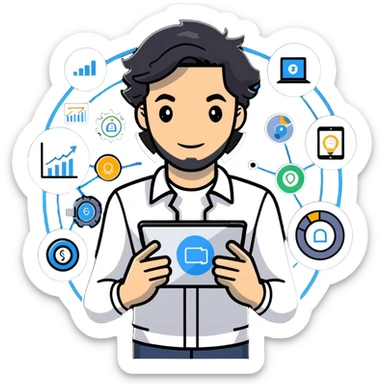 Management educator with black wavy hair, stubble, strong features, white skin, smart casual attire, using tablet with digital analytics dashboard, surrounded by technology icons, innovation-focused pose sticker