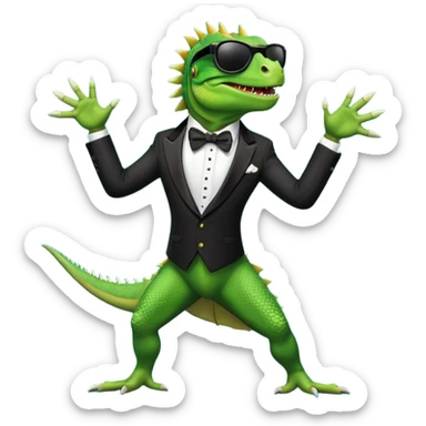 capitalist iguana in tuxedo with black sunglasses dancing sticker
