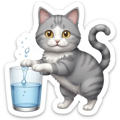 Grey and white cat knocking a cup of water over sticker