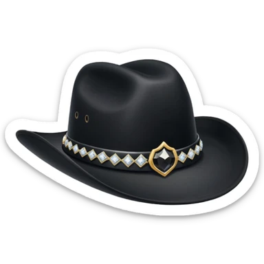black cowboy hat with a black feather and some small diamonds sticker
