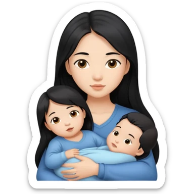 Beautiful Asian girl with long black hair and brown eyes holding baby boy in her arms sticker