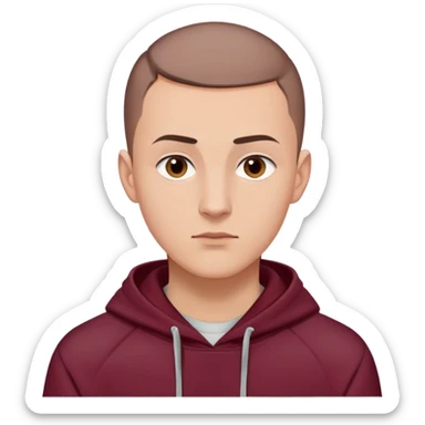 European male youth, maroon hoodie up, short brown buzzcut, smooth skin, oval face, strong jawline, high cheekbones, sharp focused eyes, straight eyebrows, calm neutral look sticker
