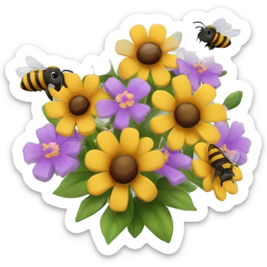 bouquet of flowers with bees flying around it sticker