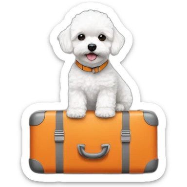 a white maltipoo with orange luggage next to him sticker