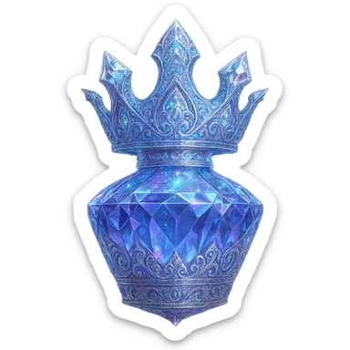 crown-shaped ultra luxurious elixir bottle, color #7986cb, extremely detailed multi-layered holographic and silver filigree, radiant crystal facets, magical glowing and sparkling effects, seamless ornate bottom, very small neck, transparent background, floating clearly in air, not standing, no base or shadow, modern, breathtakingly beautiful, matching a collection sticker