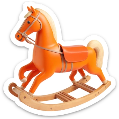 rocking horse, 3D, reclaimed wood with visible grain, vintage style, subtle Hermès orange detail, no text sticker