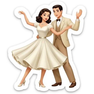Beautiful woman in 1950’s woman fashion look, white dress, long dark brown hair, balboa couple dance  sticker