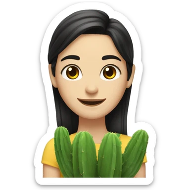 thin tall white woman medium black hair slanted eyes smiling with a cactus and a sunflower on her side sticker