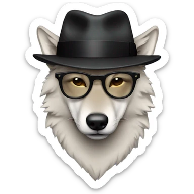lonely wolf with rounded glasses and black fedora hat sticker