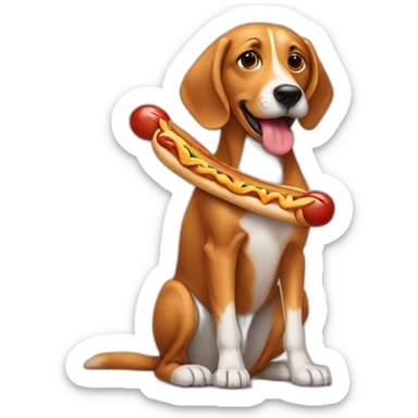 dog eating a hotdog whilst sitting on a different dog sticker