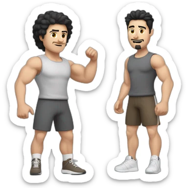 Full height Actively gesturing with hands Pale skinned Fit Man With the biceps and black hair with Bristle in dark gray Sleeveless Mike, brown oversize sports shorts and white Sneakers sticker