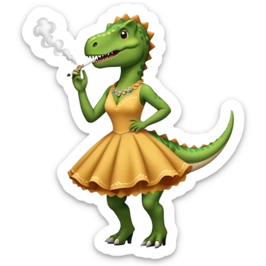 Un dinosaurio con vestido mientras se fuma un peta y baila claque  sticker