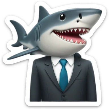 A shark sitting on a table wearing a suit looking straight sticker