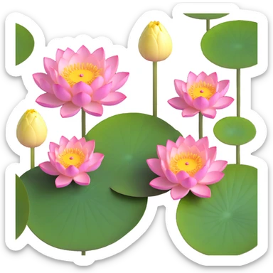Detailed lotus flower with precise yellow seedpod center showing receptacle holes pattern, layered pink petals, and floating on botanically correct notched lotus leaf sticker