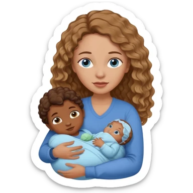 Mom with blue eyes and wavy hair carting brown skinned newborn baby sticker