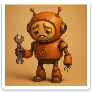 A 3D robot with a broken arm, holding a wrench, with a sad face, bufo style sticker