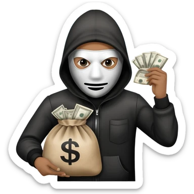 A rober with a money bag in black and white dirt and a sky mask  sticker