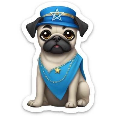 Black pug in a blue dress with a Jewish star on the dress sticker