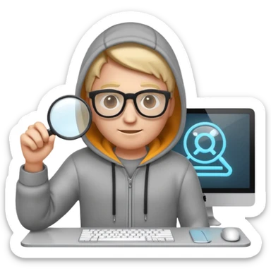 A stylized 3D emoji icon of a web developer character, wearing a hoodie and glasses. They are holding a glowing magnifying glass up to a computer screen filled with lines of HTML code and a search bar. sticker