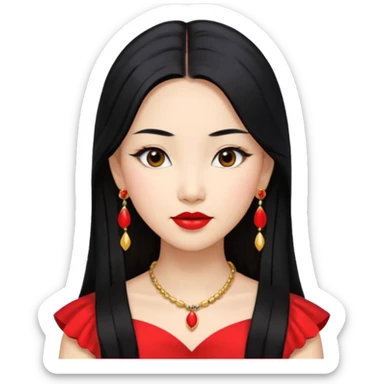30 yr old asian woman, center part straight long black hair, very pretty, fancy dress, earings, red lipstick sticker