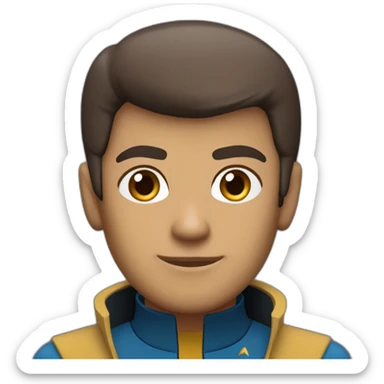 Sri Lankan Spock from Star Trek, chocolate brown skin, short spiky hair, pointy ears, blue jacket sticker
