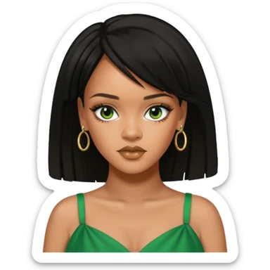 Rihanna black hair, hazel eyes, green dress sticker