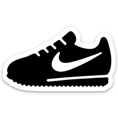 A pair of Nike Cortez sneakers in a black filled icon style, with a checkmark. sticker