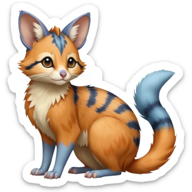 Blue, orange-pointed, soft realistic romantic vintage antique divine beautiful elegant pretty precious cute young youthful  Fakémon-Pokémon-opossum-feline-mouse-serval-caracal-chinchilla-Minccino-Cinccino-Meowstic-rodent-hybrid-creature with a big fluffy bushy tail (full body) sticker