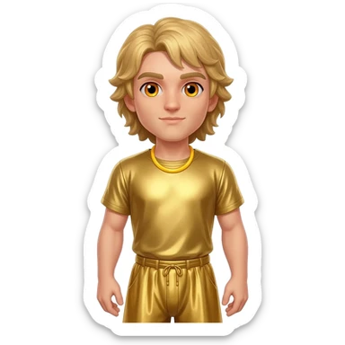 Apollo from Greek Mythology with amber eyes, long blonde hair, gold metallic shirt, gold metallic baggy pants, yellow necklace sticker