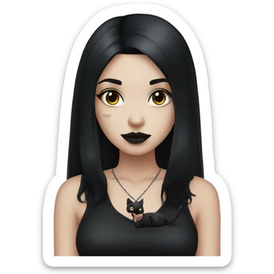 goth girl, black hair, with a black cat sticker