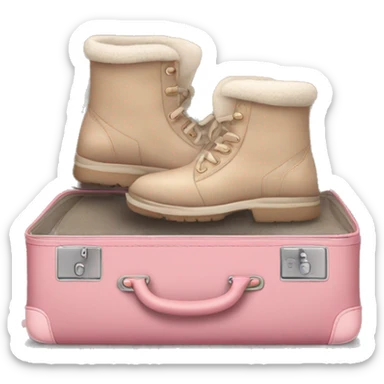 Opened rosa suitcase Gilles with Uggs, beige and rosa pullovers sticker