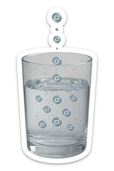 un bicchiere di acqua fluttua in aria realistico e dettagliato, dentro l'acqua del bicchiere ci sono particelle di cloro ben visibili con la scritta "Cl" sopra, ci sono particelle anche che escono dal bicchiere e fluttuano in aria verticalmente, mentre alcune sono all'interno dell'acqua nel bicchiere, iperrealistico 4k sticker