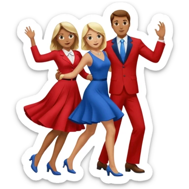 Two people. Man wearing all  RED with brown hair. Women  ALL blue with blond hair. Swing Dancing.  sticker