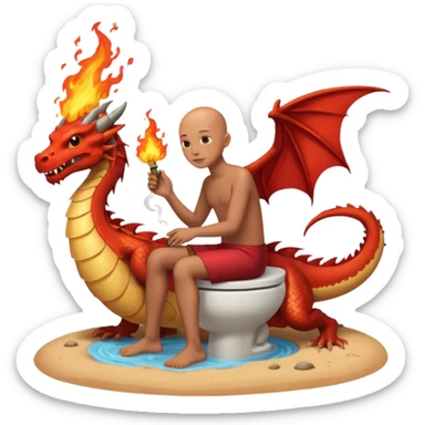 Una persona sin pelo sentada en un vater en una isla de sierta con un dragón escupiendo fuego sticker
