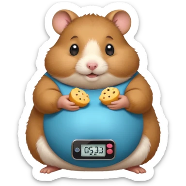 fat hamster holding pregnant belly smiling holding a tiny food scale sticker
