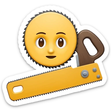Combine the concept of indecision and a woodworking hand saw. The emoji should clearly show hesitation or uncertainty (e.g. a confused facial expression, or a split decision gesture) integrated with a classic wood saw. Simple, clean emoji style, bold shapes, minimal details sticker
