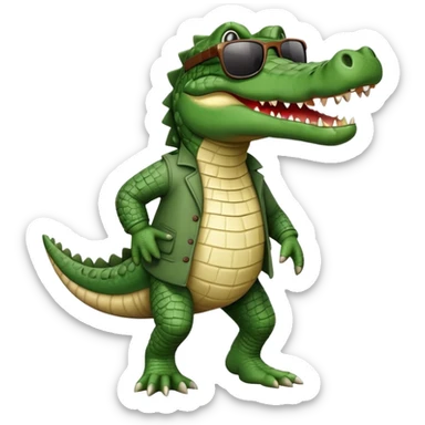 friendly anthropomorphised crocodile in casual clothing, wearing dark sunglasses, walking upright, standard pose sticker