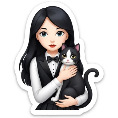 A beautiful girl with long black hair wearing a dress hugs a tuxedo cat sticker