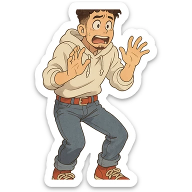 1 male, mid fade haircut dark chestnut brown curly hair, toasted lightskin, white hoodie sleeves up, fashion jeans, red fashion-sneakers shoes, red belt, short trimmed beard and goatee,  style of deku from "my hero academia", doing a "oh no / scared" pose sticker