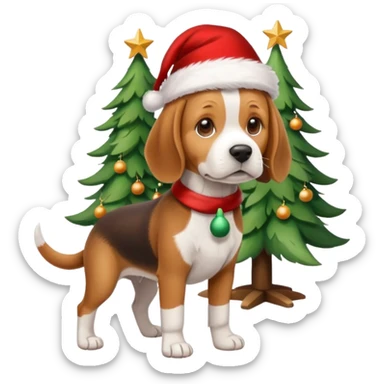 beagle wearing santa hat and standng by the xmas tree sticker