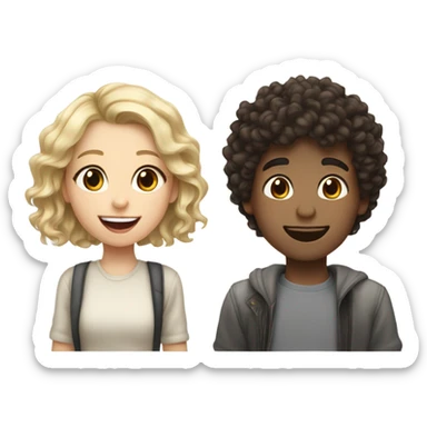 Shorter girl with dark brown curly hair standing next to taller white blond boy smiling with tongue out couple photo sticker