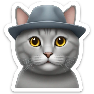 Grey British short cat wearing a hat sticker