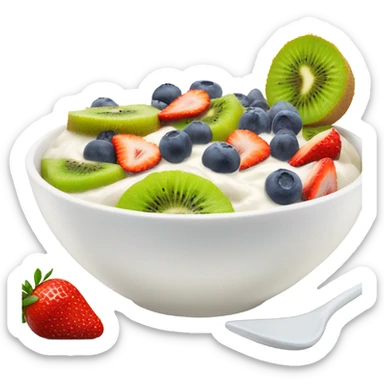 A bowl of yogurt with fruit  sticker