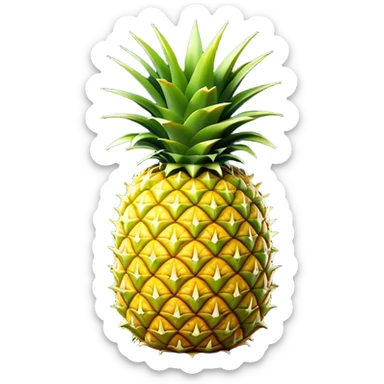 Cinematic Realistic Pineapple Emoji, Tropical and vibrant, with a golden-yellow textured skin and a crown of spiky green leaves on top. The body of the fruit is sharply geometric, its surface rich with natural patterns. Soft glowing outline, capturing the essence of exotic sweetness and tropical flair in a fresh pineapple! sticker
