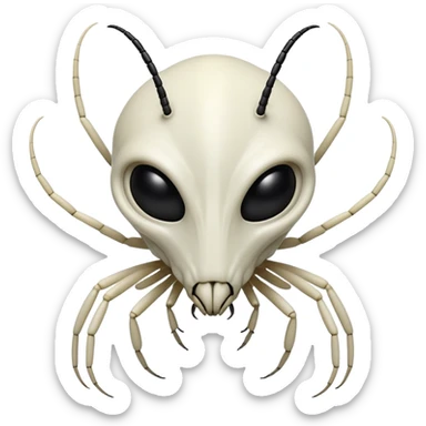 Front-facing alien with an insect-like head. Pale white or albino exoskeleton. No nose. Black compound eyes like a fly. Sharp mandibles. Thin black antennae. Face is symmetrical. No human features. sticker