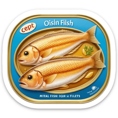 oval metal tin slightly open revealing firm light brown fish fillets packed in oil with soft sheen and visible grain shallow can with rolled edge typical of preserved fish packaging no fork herbs or label just opened tin and fish soft lighting subtle shadows emoji scale sticker