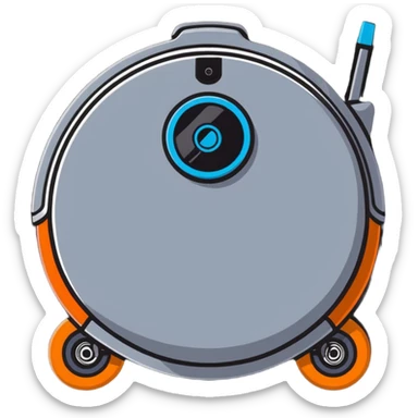 cute cleaning robot vacuum with blue, grey, and orange colors on wheels sticker