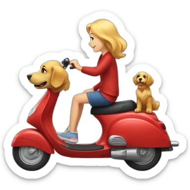 Golden retriever in a red scooter with a girl sticker